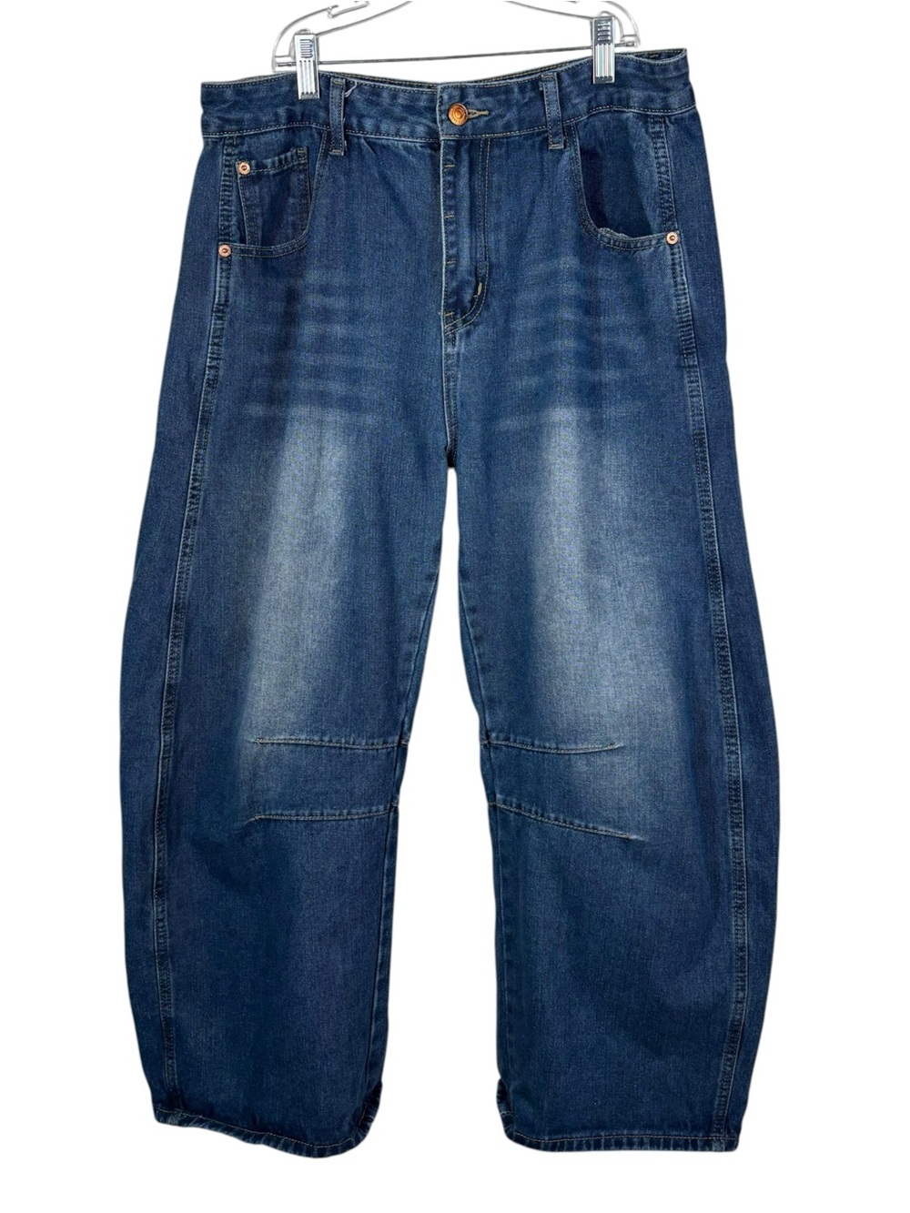 Medium Wash Barrel Leg High Rise Waisted Pleated Stretch Denim Jeans Casual XL